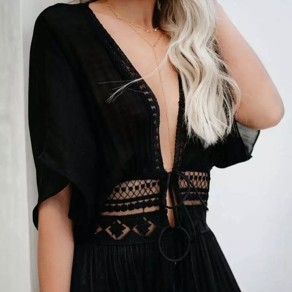 Sexy Black Lace Trim V-neckline With Double Tie Lace Trim Waist - Picture 2 of 5